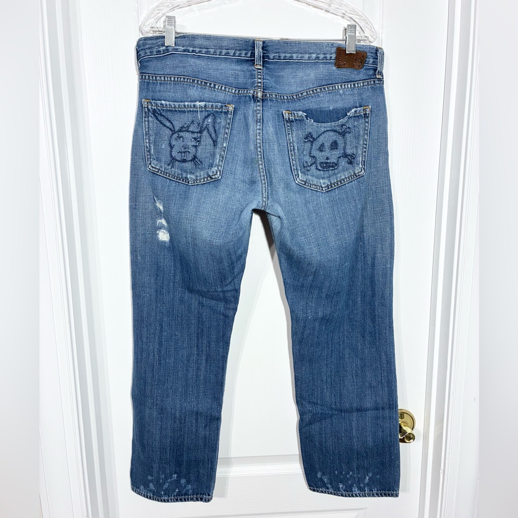 Y2k Coh Skull Rabbit Pocket Selvedge Distressed Cropped Boyfriend Jeans Size 31
